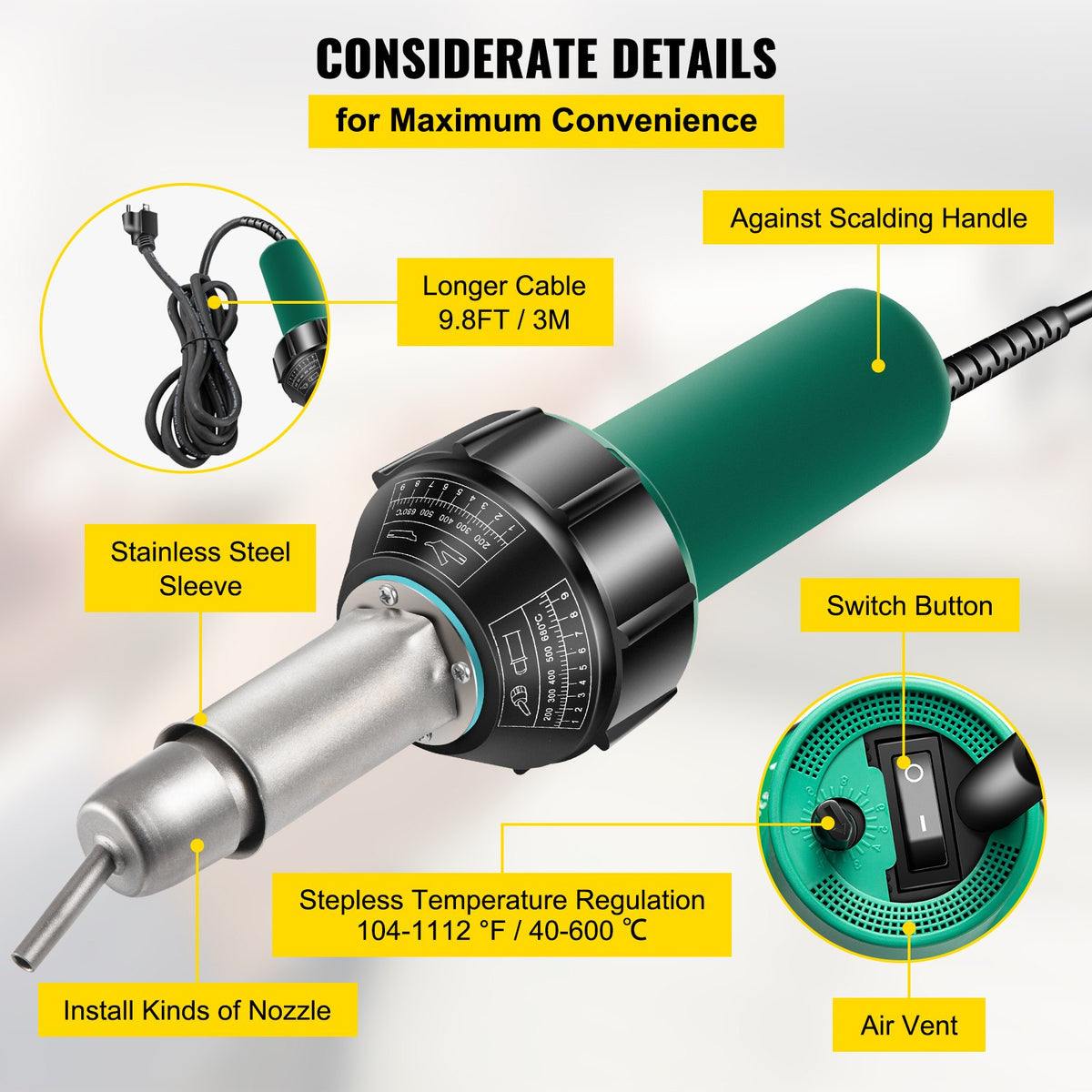 Heat gun 1600 W, 220 V, 8-piece PVC kit, hot air gun with mica heating element, temperature control 40–600 °C