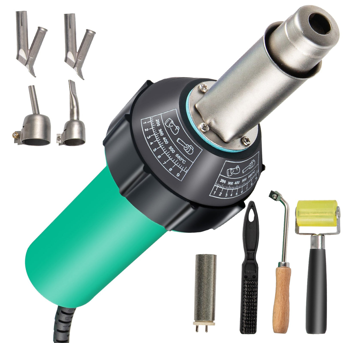 Heat gun 1600 W, 220 V, 8-piece PVC kit, hot air gun with mica heating element, temperature control 40–600 °C