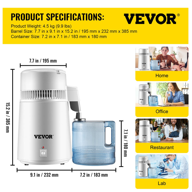 VEVOR 750W 220V 4L Tīra Ūdens Destilators – 1L/h Ūdens Attīrītājs ar Filtru