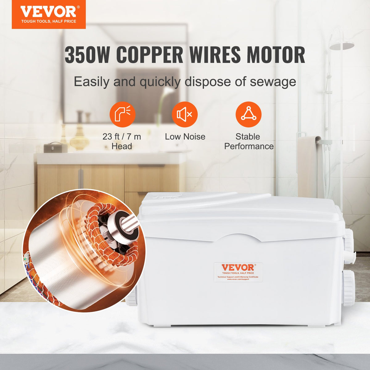 VEVOR Macerator Sewage Pump 350W, 6000 L/h, 7 M Discharge Head, 3 Water Inlets