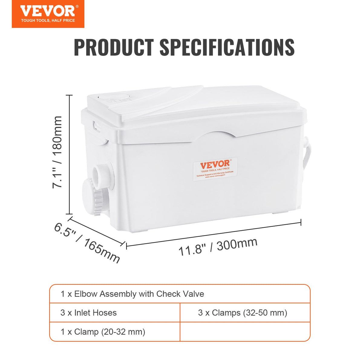 VEVOR Macerator Sewage Pump 350W, 6000 L/h, 7 M Discharge Head, 3 Water Inlets