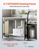 VEVOR kanalizācijas smalcinātājsūknis 500 W, plūsma līdz 110 l/min, pacelšanas augstums līdz 8 m, ar 4 ūdens ieplūdēm, notekūdeņu pacelšanas iekārta virtuvei, pagrabam, dušai, izlietnei, veļas mazgātavai un vannai