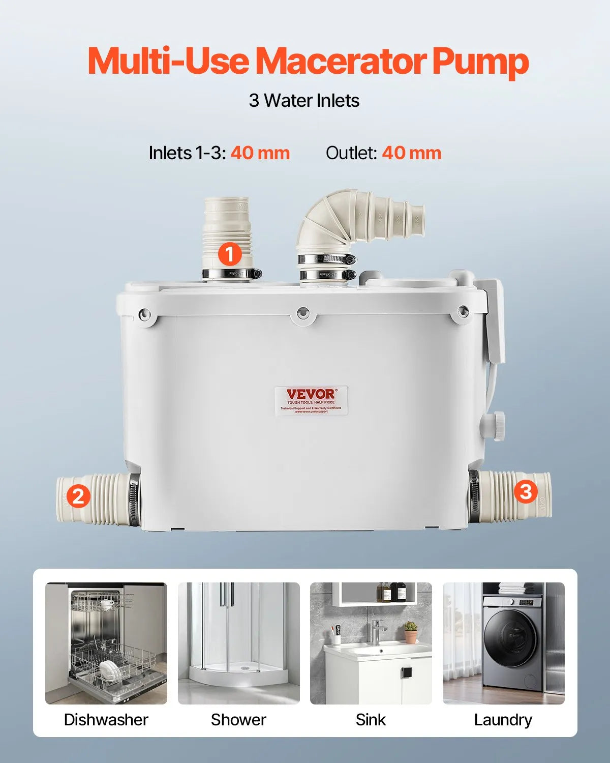 VEVOR sewage grinder pump 500 W, flow up to 110 l/min, lifting height up to 8 m, with 4 water inlets, wastewater lifting unit for kitchen, basement, shower, sink, laundry room and bathroom