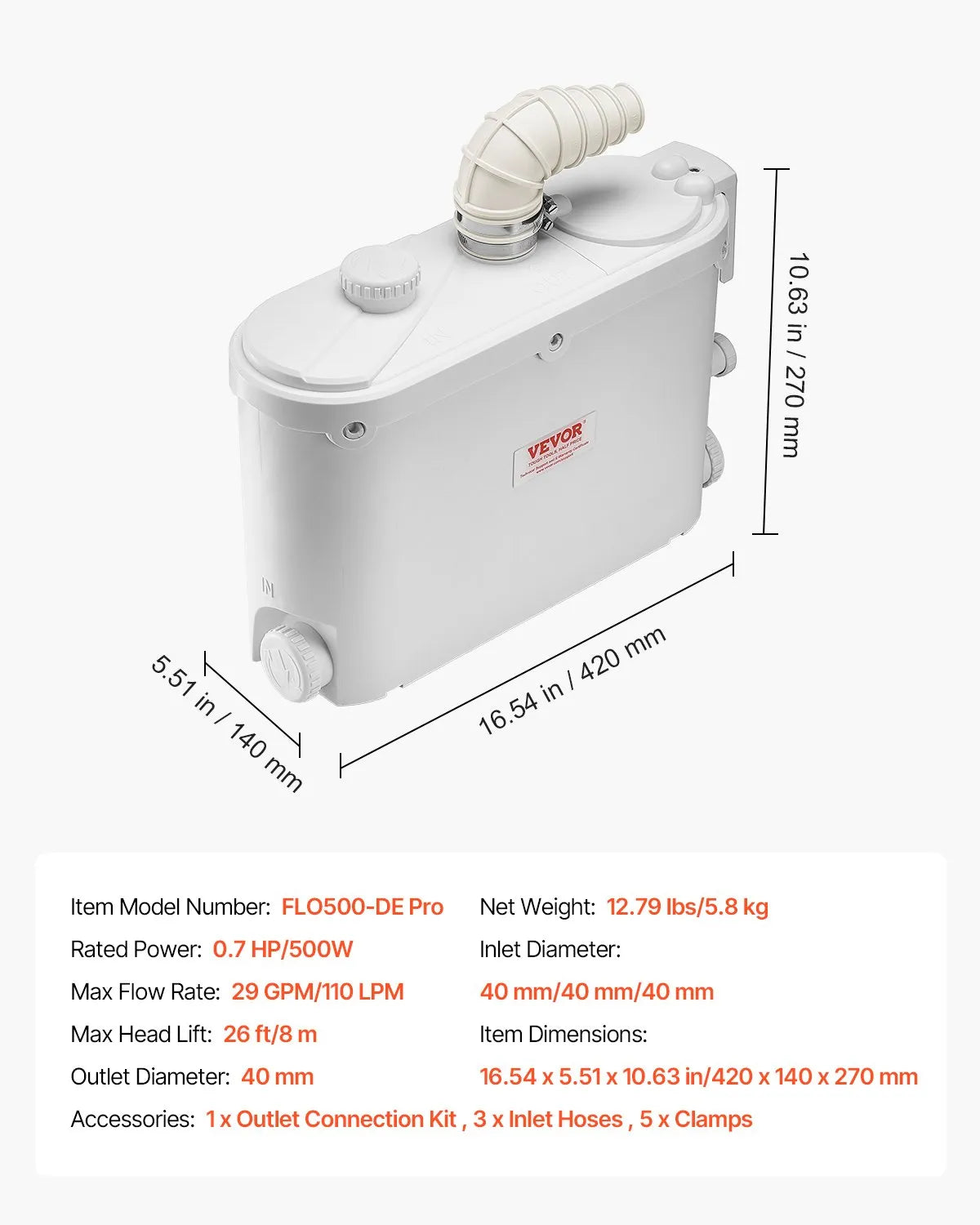 VEVOR sewage grinder pump 500 W, flow up to 110 l/min, lifting height up to 8 m, with 4 water inlets, wastewater lifting unit for kitchen, basement, shower, sink, laundry room and bathroom