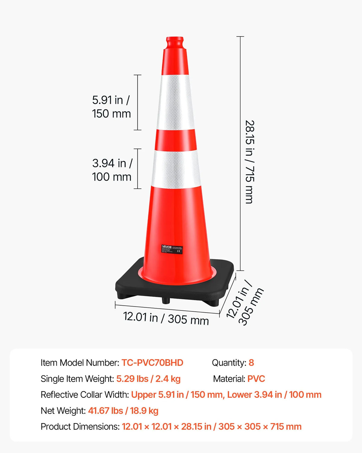 VEVOR 8 gab. 715 mm satiksmes konusi ar atstarojošām joslām un smagu pamatni