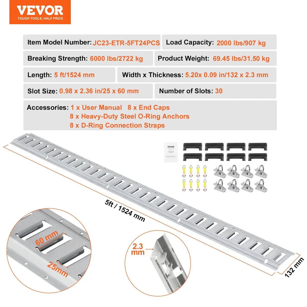 E-Track kravas stiprinājuma sliežu komplekts, 24 gab., 1524 mm tērauda sliedes (8 gab.) ar 8 O-veida enkurstiprinājumiem un 8 D-veida gredzena stiprinājumiem, universāli piederumi kravu, motociklu un velosipēdu nostiprināšanai, kravnesība 907 kg.