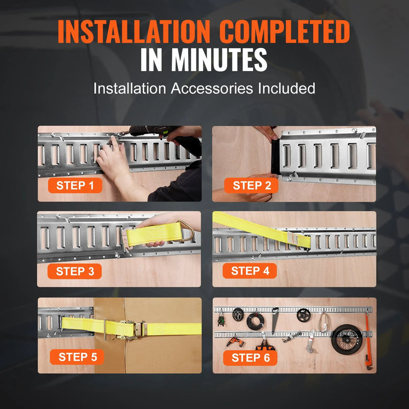 E-Track kravas stiprinājuma sliežu komplekts, 24 gab., 1524 mm tērauda sliedes (8 gab.) ar 8 O-veida enkurstiprinājumiem un 8 D-veida gredzena stiprinājumiem, universāli piederumi kravu, motociklu un velosipēdu nostiprināšanai, kravnesība 907 kg