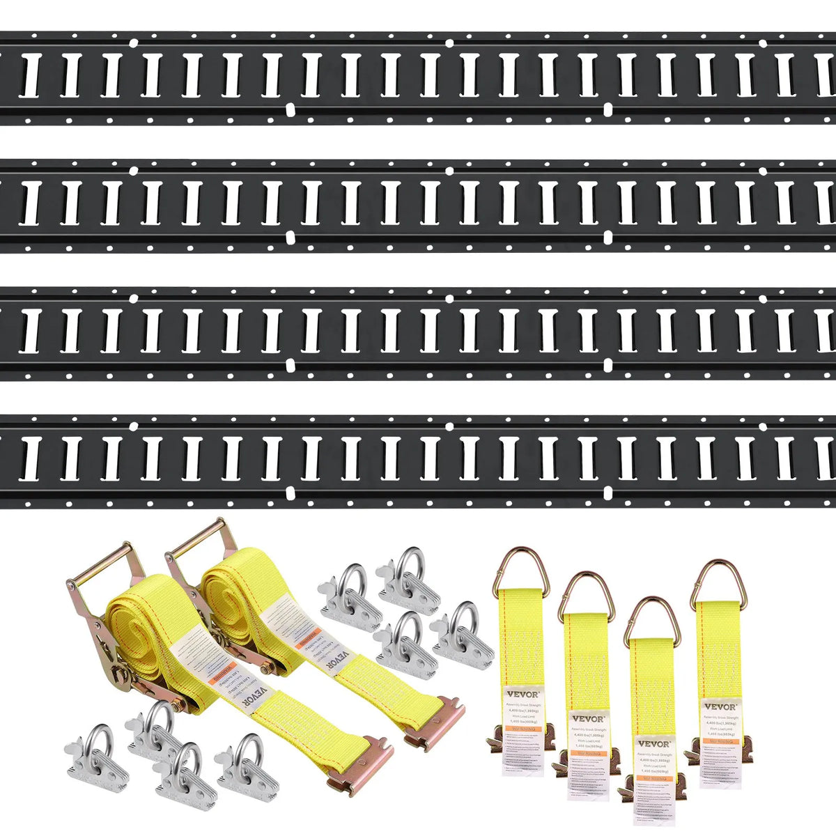 E-track Fastening Kit, 18 Pieces, 1.52 m Steel Rails, O-ring Anchors, D-ring Fasteners and Ratchet Straps, 907 kg Load Capacity, for Cargo, Motorcycle and Bicycle Securing