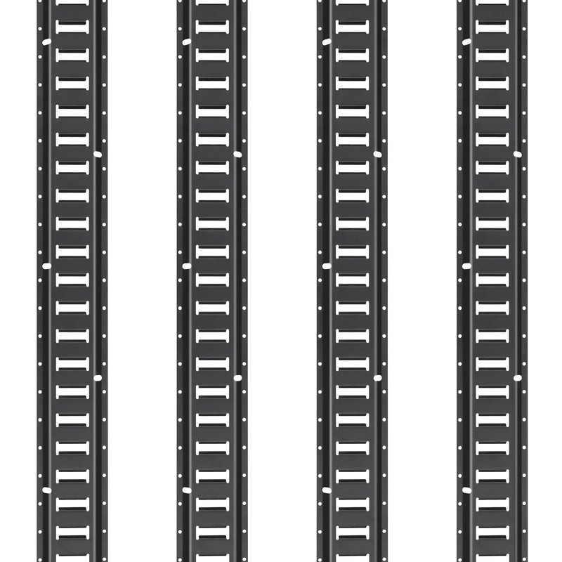 E-sliedes stiprināšanas komplekts, 18 gab., 1,52 m tērauda sliedes, O-veida gredzenu enkuri, stiprinājumi ar D-veida gredzenu un sprūdrata siksnas, 907 kg celtspēja, paredzēts kravas, motociklu un velosipēdu nostiprināšanai