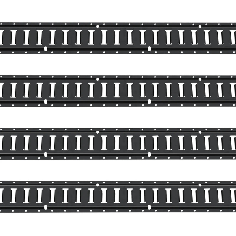 E-sliedes stiprināšanas komplekts, 18 gab., 1,52 m tērauda sliedes, O-veida gredzenu enkuri, stiprinājumi ar D-veida gredzenu un sprūdrata siksnas, 907 kg celtspēja, paredzēts kravas, motociklu un velosipēdu nostiprināšanai