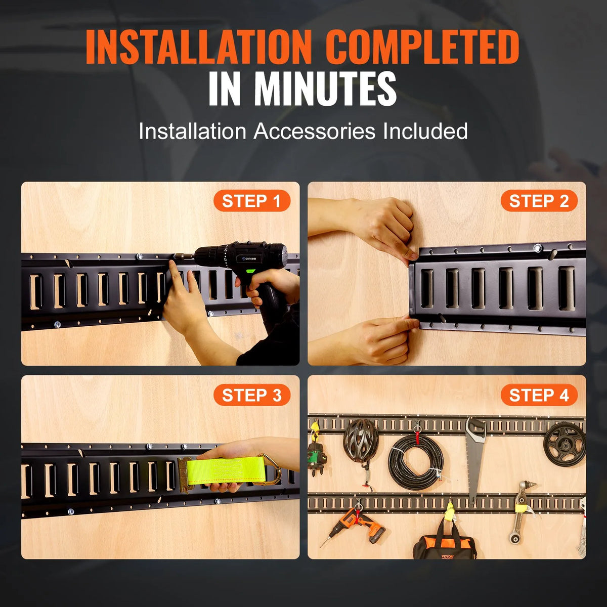 E-track Fastening Kit, 18 Pieces, 1.52 m Steel Rails, O-ring Anchors, D-ring Fasteners and Ratchet Straps, 907 kg Load Capacity, for Cargo, Motorcycle and Bicycle Securing