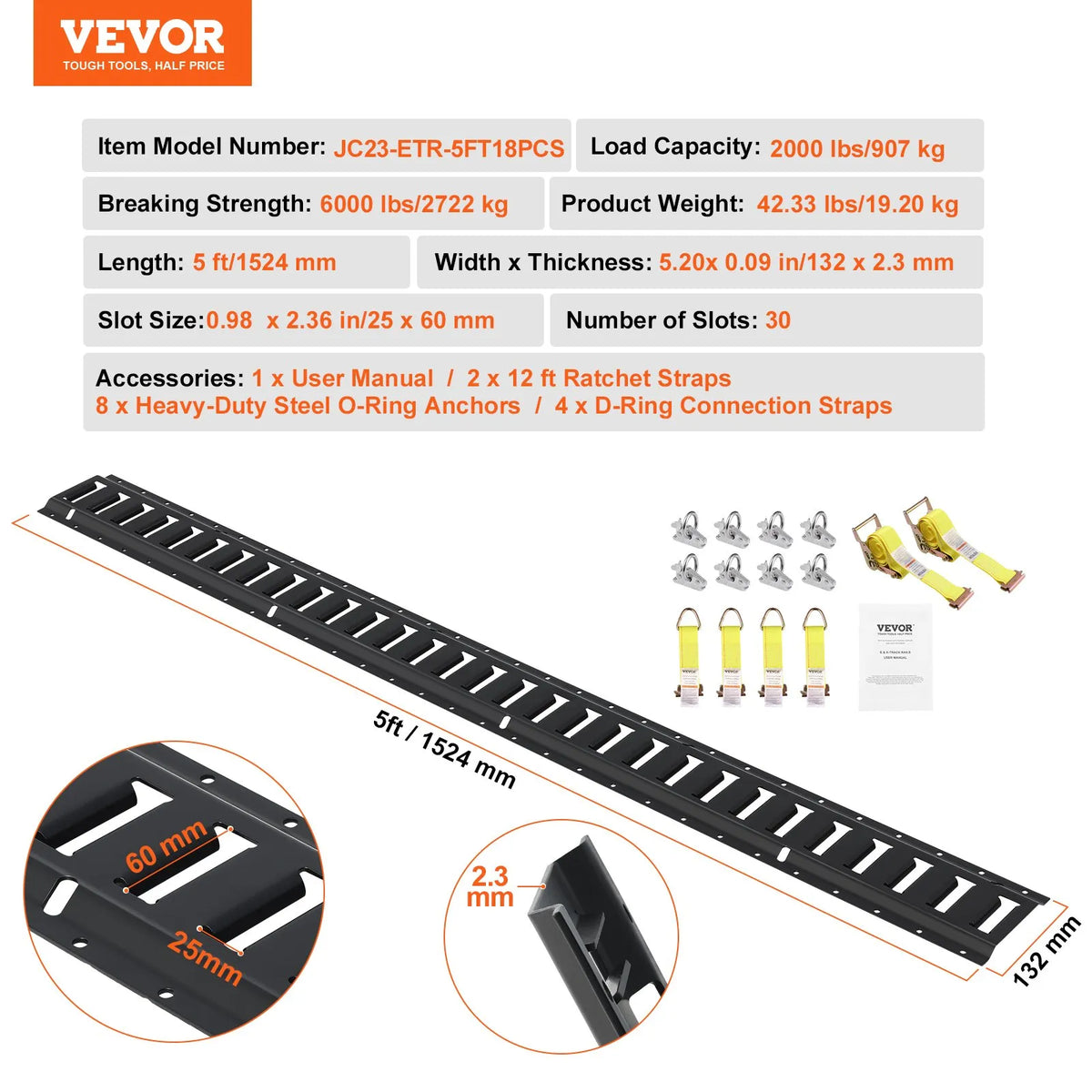 E-track Fastening Kit, 18 Pieces, 1.52 m Steel Rails, O-ring Anchors, D-ring Fasteners and Ratchet Straps, 907 kg Load Capacity, for Cargo, Motorcycle and Bicycle Securing