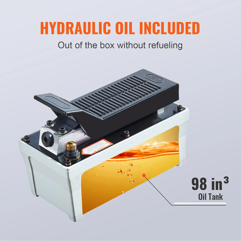 Pneimatiskais hidrauliskais kājas sūknis 689 bar, 1,9 L eļļļas tvertne, 10 mm NPT eļļļas izeja, 6,4 mm NPT ieplūde, 2 m šļūtene, pelēks, paredzēts automobiļu rāmja presēm un vilkšanas stendiem