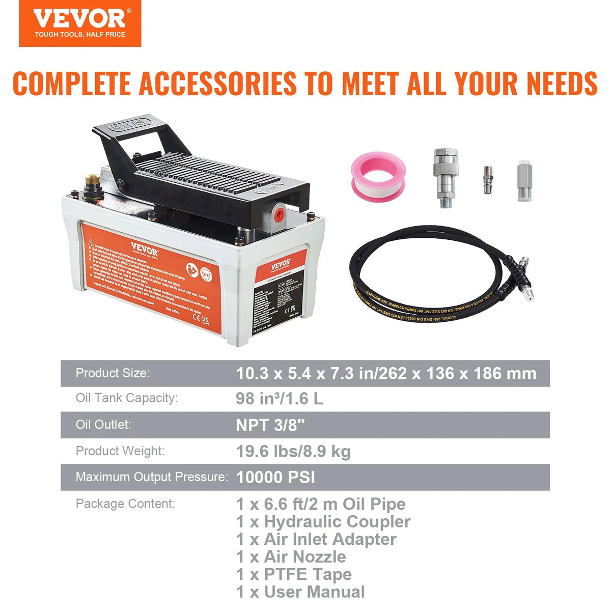 VEVOR Pneumatic Hydraulic Foot Pump 689 bar, 1.9 l Tank, 2 m Hose, Grey