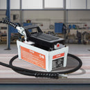 Pneimatiskais hidrauliskais kājas sūknis 689 bar, 1,9 L eļļļas tvertne, 10 mm NPT eļļļas izeja, 6,4 mm NPT ieplūde, 2 m šļūtene, pelēks, paredzēts automobiļu rāmja presēm un vilkšanas stendiem