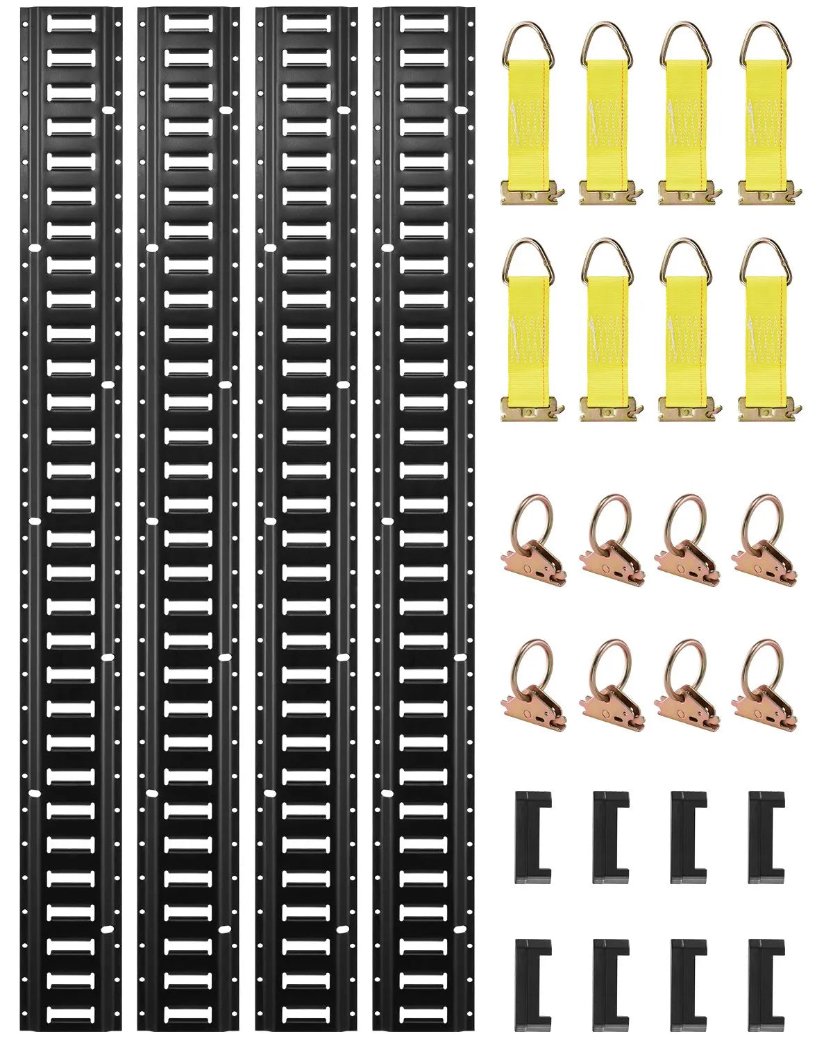 E Track Fastening Kit, 30 pcs, 152.4 cm, includes 4 steel rails, 2 single nests, 8 O-rings, 8 D-ring fasteners and 8 end caps, for cargo, motorcycle and bicycle securing