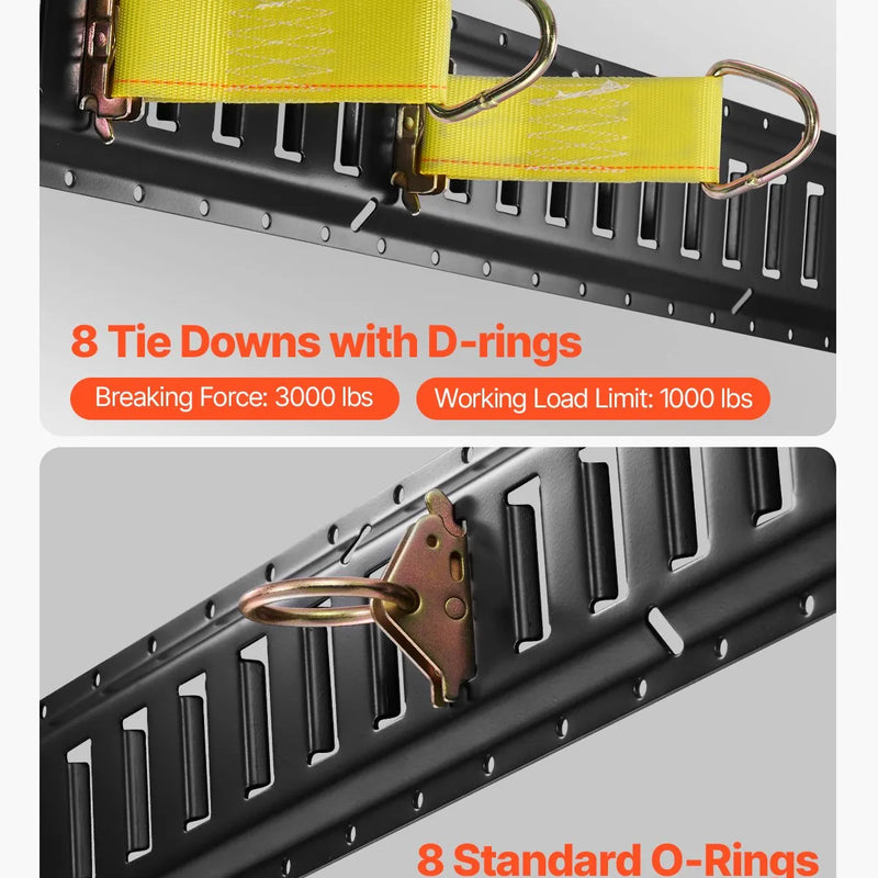 E sliedes stiprināšanas komplekts, 30 gab., 152,4 cm, ietver 4 tērauda sliedes, 2 vienvietīgās ligzdas, 8 O-veida gredzenus, 8 stiprinājumus ar D-veida gredzenu un 8 gala vāciņus, paredzēts kravas, motociklu un velosipēdu nostiprināšanai