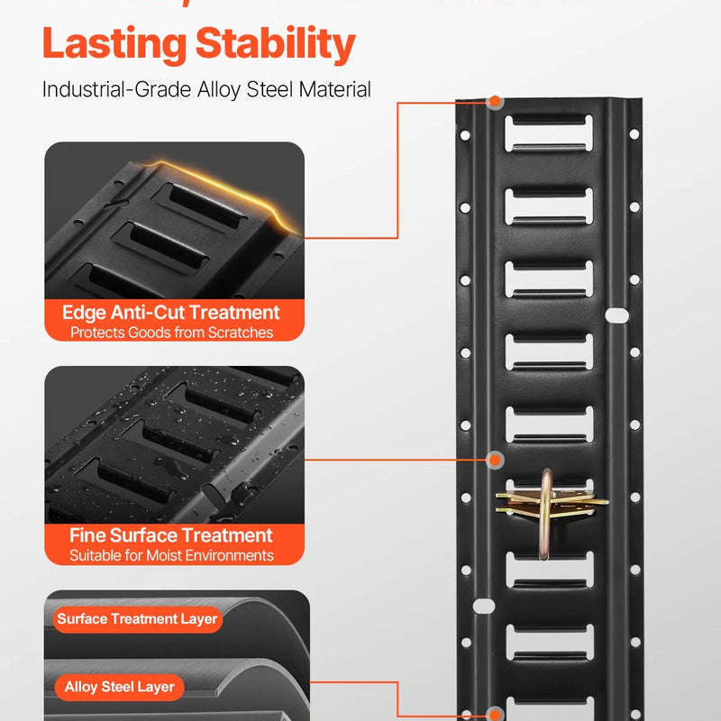 E sliedes stiprināšanas komplekts, 30 gab., 152,4 cm, ietver 4 tērauda sliedes, 2 vienvietīgās ligzdas, 8 O-veida gredzenus, 8 stiprinājumus ar D-veida gredzenu un 8 gala vāciņus, paredzēts kravas, motociklu un velosipēdu nostiprināšanai