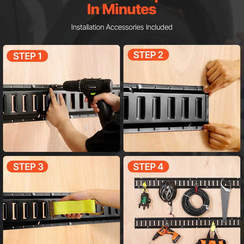 E sliedes stiprināšanas komplekts, 30 gab., 152,4 cm, ietver 4 tērauda sliedes, 2 vienvietīgās ligzdas, 8 O-veida gredzenus, 8 stiprinājumus ar D-veida gredzenu un 8 gala vāciņus, paredzēts kravas, motociklu un velosipēdu nostiprināšanai