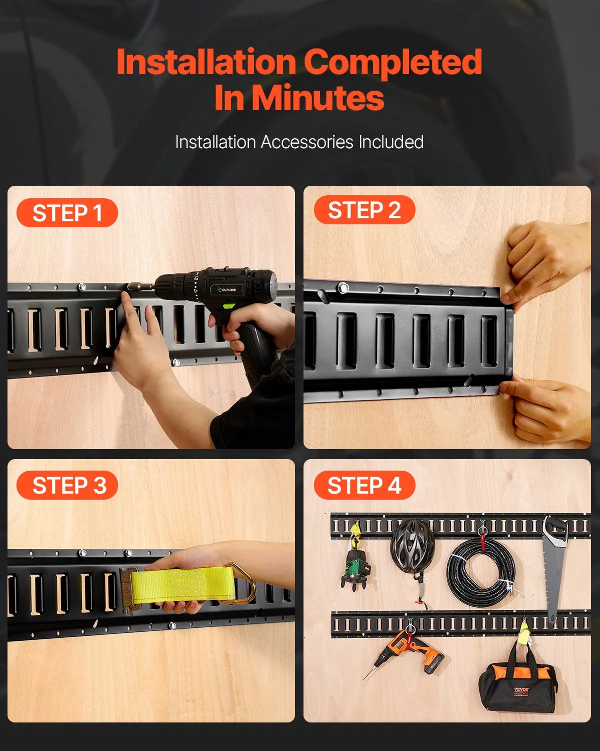 E Track Fastening Kit, 30 pcs, 152.4 cm, includes 4 steel rails, 2 single nests, 8 O-rings, 8 D-ring fasteners and 8 end caps, for cargo, motorcycle and bicycle securing