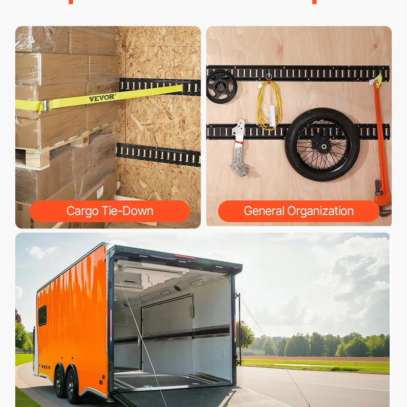 E sliedes stiprināšanas komplekts, 30 gab., 152,4 cm, ietver 4 tērauda sliedes, 2 vienvietīgās ligzdas, 8 O-veida gredzenus, 8 stiprinājumus ar D-veida gredzenu un 8 gala vāciņus, paredzēts kravas, motociklu un velosipēdu nostiprināšanai