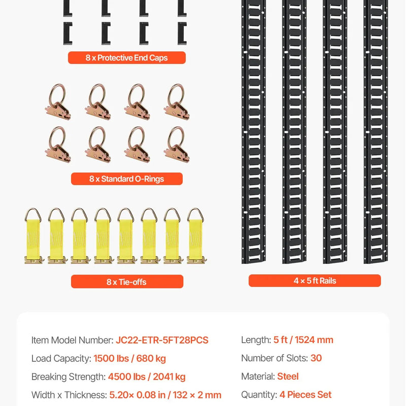 E sliedes stiprināšanas komplekts, 30 gab., 152,4 cm, ietver 4 tērauda sliedes, 2 vienvietīgās ligzdas, 8 O-veida gredzenus, 8 stiprinājumus ar D-veida gredzenu un 8 gala vāciņus, paredzēts kravas, motociklu un velosipēdu nostiprināšanai