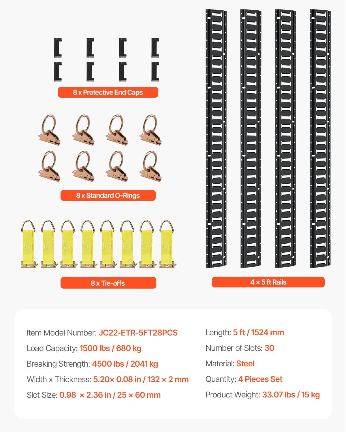 E Track Fastening Kit, 30 pcs, 152.4 cm, includes 4 steel rails, 2 single nests, 8 O-rings, 8 D-ring fasteners and 8 end caps, for cargo, motorcycle and bicycle securing