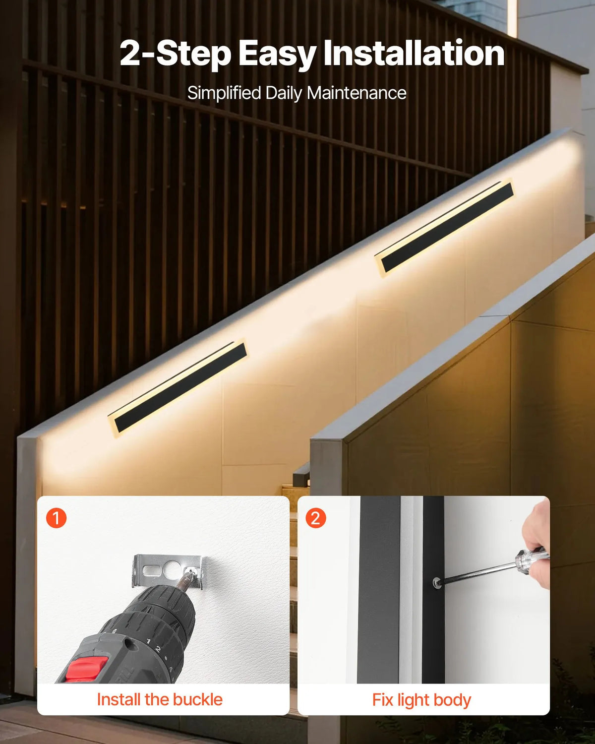VEVOR Outdoor Wall Light, 600 mm, Long Modern Exterior Wall Lamp, 3000 K Warm White Light, IP65 Waterproof, Stainless Steel Wall Lighting for Terrace, Home, Porch and Garage