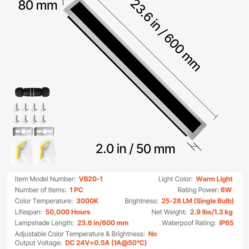 VEVOR āra sienas gaismeklis, 600 mm, garš moderns āra sienas lampas gaismeklis, 3000 K silti balta gaisma, IP65 ūdensizturīgs, nerūsējošs sienas apgaismojums terasei, mājai, lievenim un garāžai