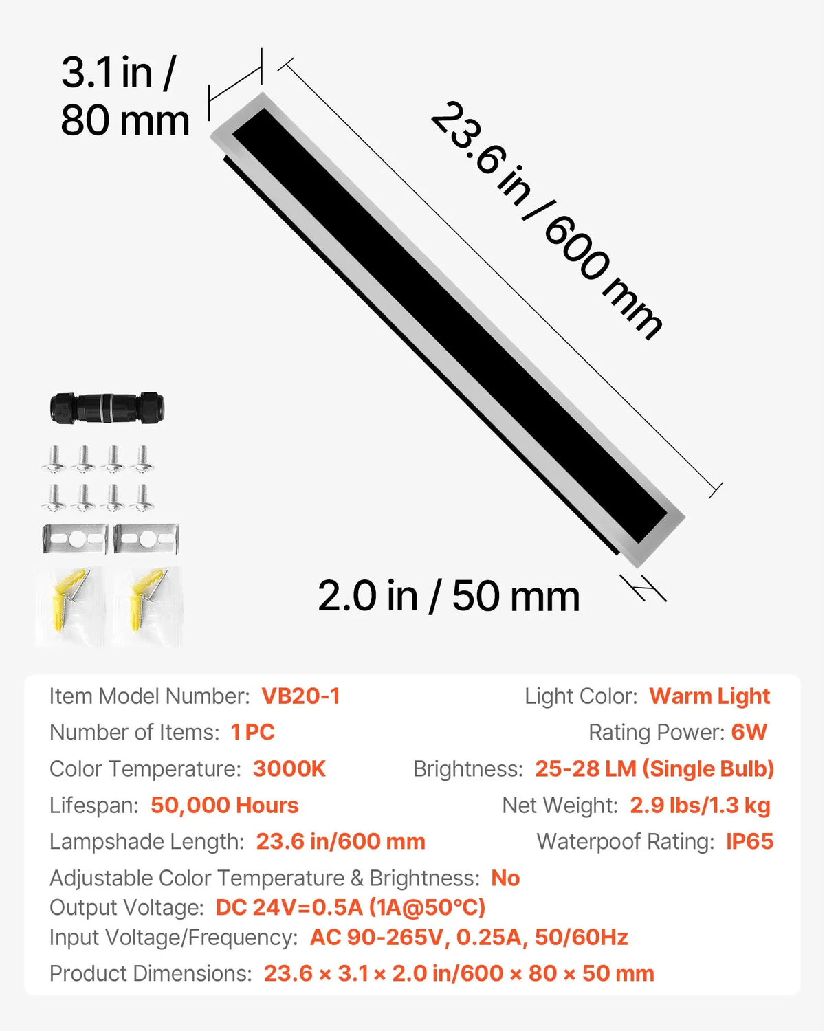 VEVOR Outdoor Wall Light, 600 mm, Long Modern Exterior Wall Lamp, 3000 K Warm White Light, IP65 Waterproof, Stainless Steel Wall Lighting for Terrace, Home, Porch and Garage
