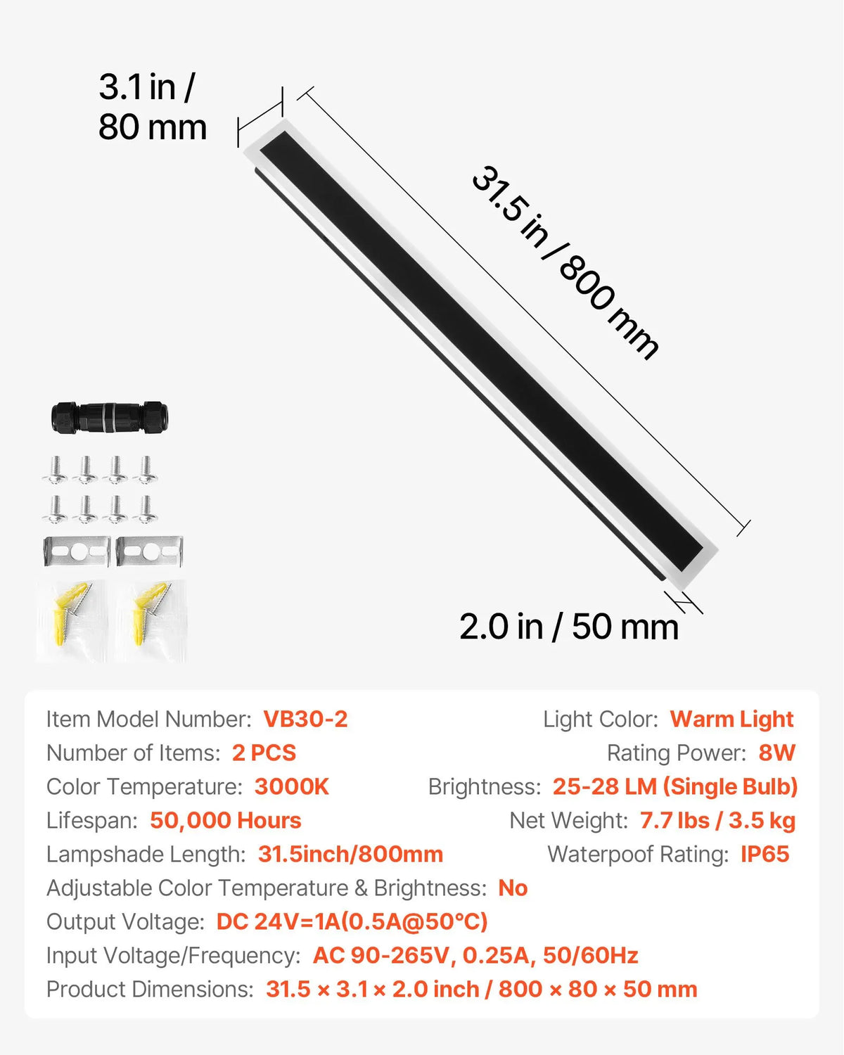 VEVOR Outdoor Wall Lights, 2 Pack, 800 mm Modern Outdoor Wall Light Panels, 3000 K Warm White Light, IP65 Waterproof and Stainless Steel Wall Lights for Home, Porch and Garage