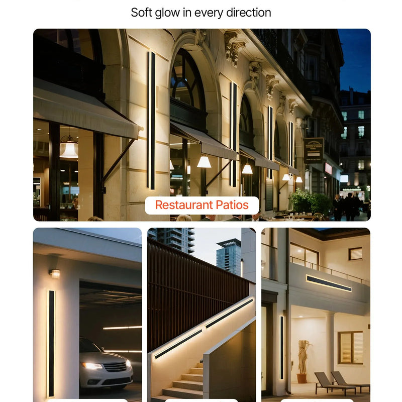 VEVOR āra sienas gaismekļi, 2 gab., 1200 mm gara moderna ārējā sienas gaismas līnija, 3000 K silti balta gaisma, IP65 ūdensizturīgi, pret rūsu aizsargāti, āra sienas apgaismojums mājai, lieveņiem un garāžām