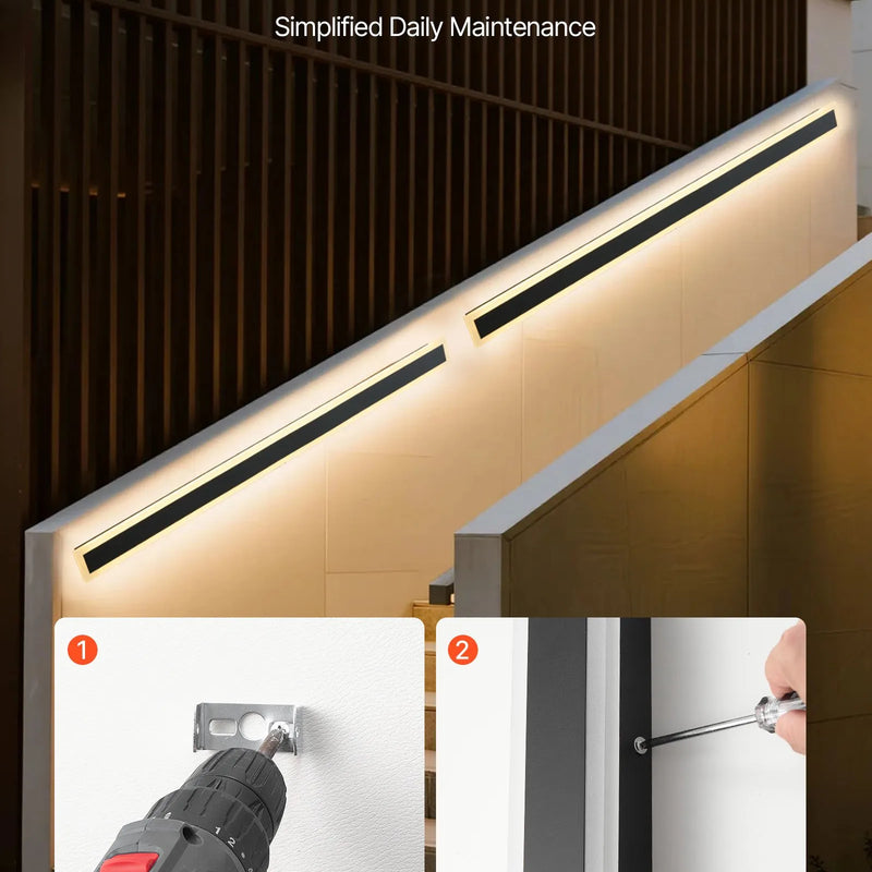 VEVOR āra sienas gaismekļi, 2 gab., 1200 mm gara moderna ārējā sienas gaismas līnija, 3000 K silti balta gaisma, IP65 ūdensizturīgi, pret rūsu aizsargāti, āra sienas apgaismojums mājai, lieveņiem un garāžām