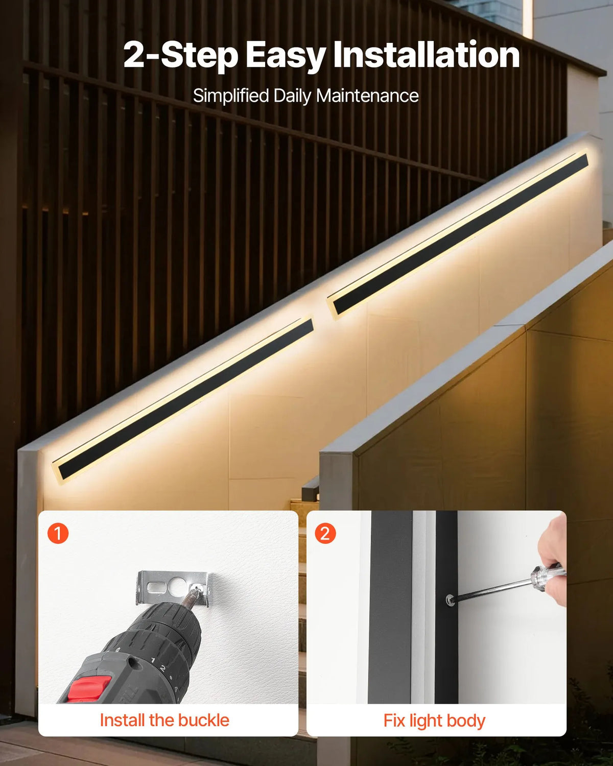VEVOR Outdoor Wall Lights, 2 Pack, 1200 mm Modern Exterior Wall Light Line, 3000 K Warm White Light, IP65 Waterproof, Rust-Resistant, Outdoor Wall Lighting for Home, Patios and Garages