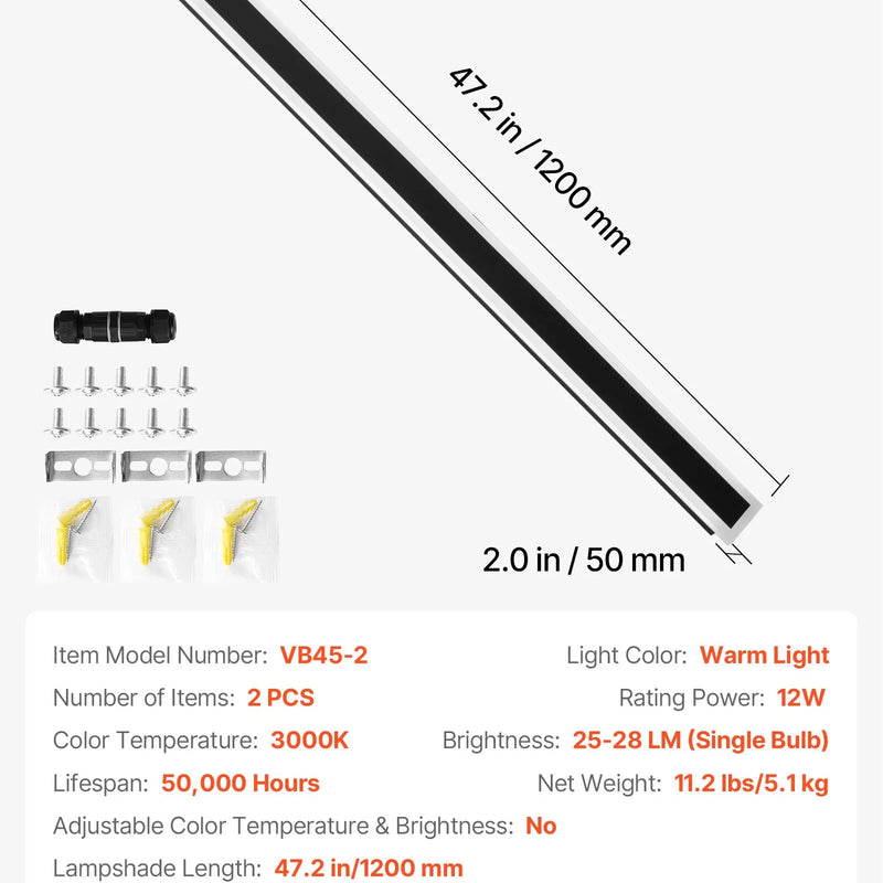 VEVOR āra sienas gaismekļi, 2 gab., 1200 mm gara moderna ārējā sienas gaismas līnija, 3000 K silti balta gaisma, IP65 ūdensizturīgi, pret rūsu aizsargāti, āra sienas apgaismojums mājai, lieveņiem un garāžām