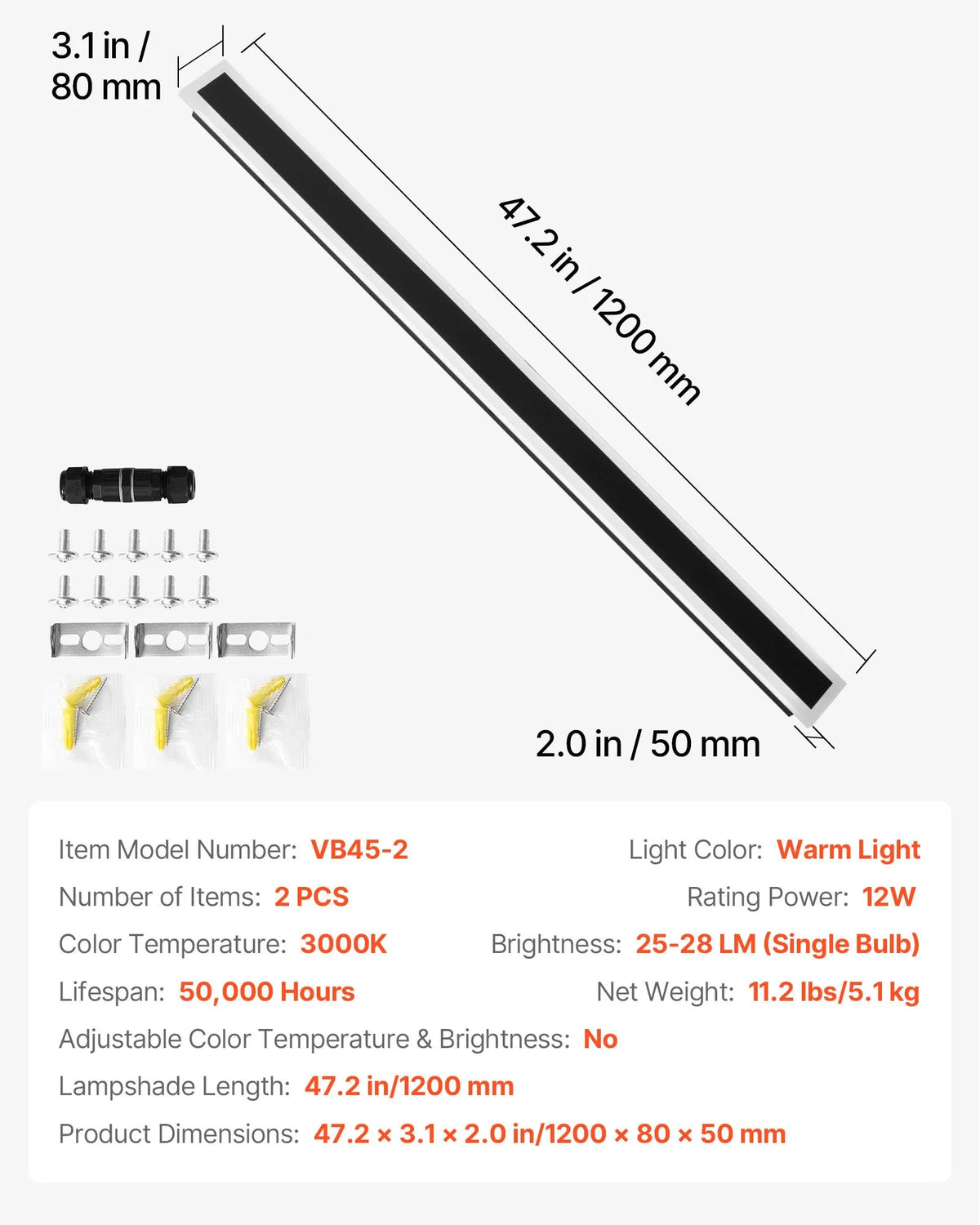 VEVOR Outdoor Wall Lights, 2 Pack, 1200 mm Modern Exterior Wall Light Line, 3000 K Warm White Light, IP65 Waterproof, Rust-Resistant, Outdoor Wall Lighting for Home, Patios and Garages