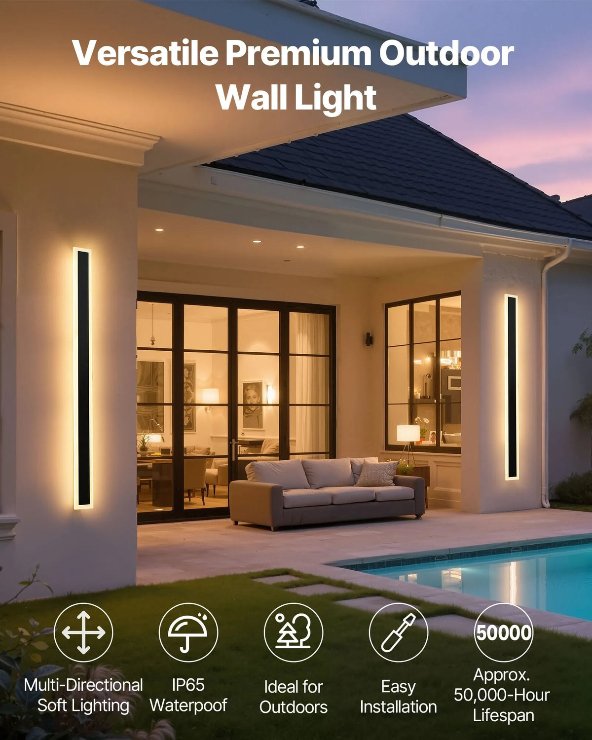 VEVOR Outdoor Wall Lights, 2 Pack, 1000 mm Modern Exterior Wall Light Line, 3000 K Warm White Light, IP65 Waterproof, Rust-Resistant, Outdoor Wall Lighting for Home, Patios and Garages