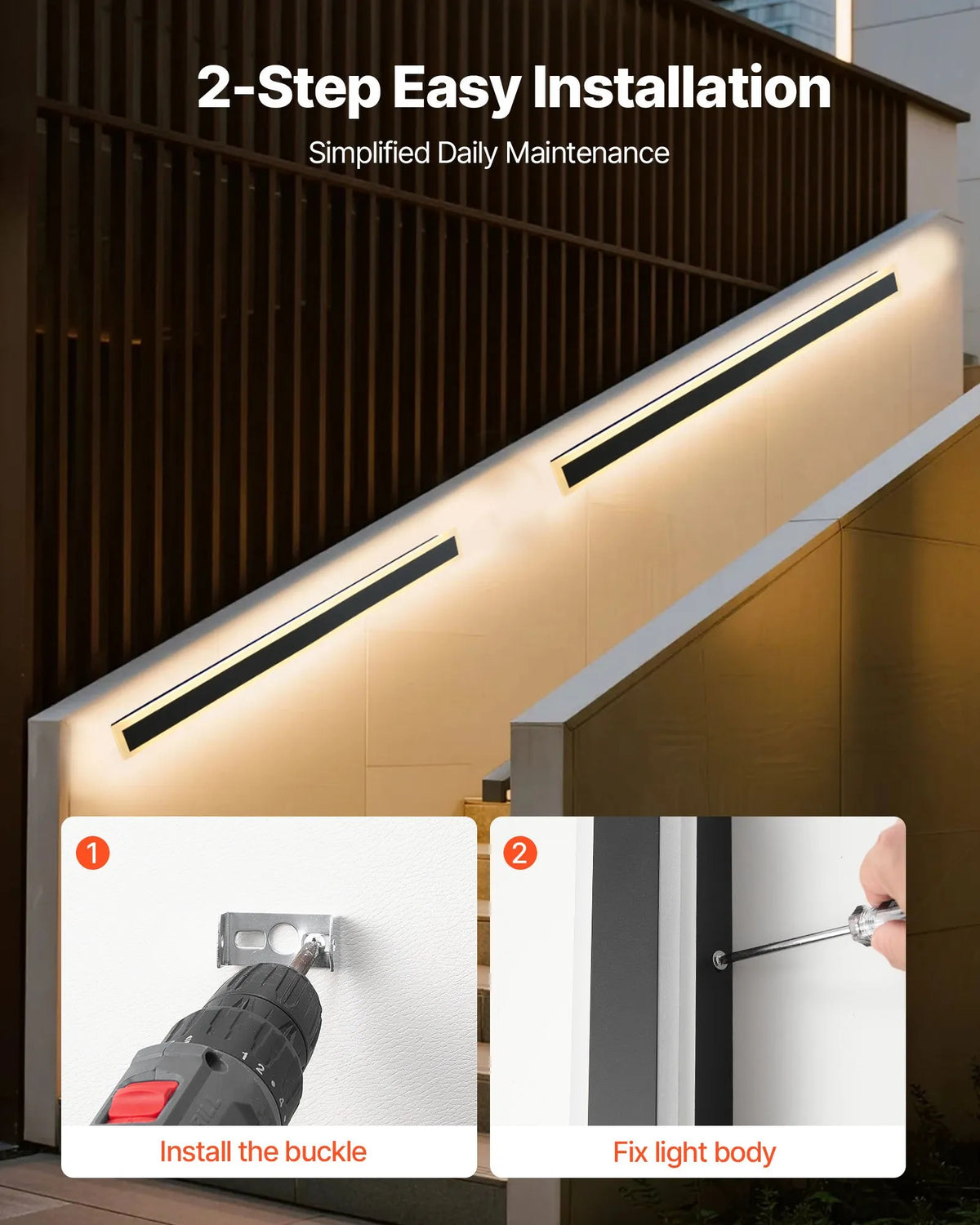 VEVOR Outdoor Wall Lights, 2 Pack, 1000 mm Modern Exterior Wall Light Line, 3000 K Warm White Light, IP65 Waterproof, Rust-Resistant, Outdoor Wall Lighting for Home, Patios and Garages