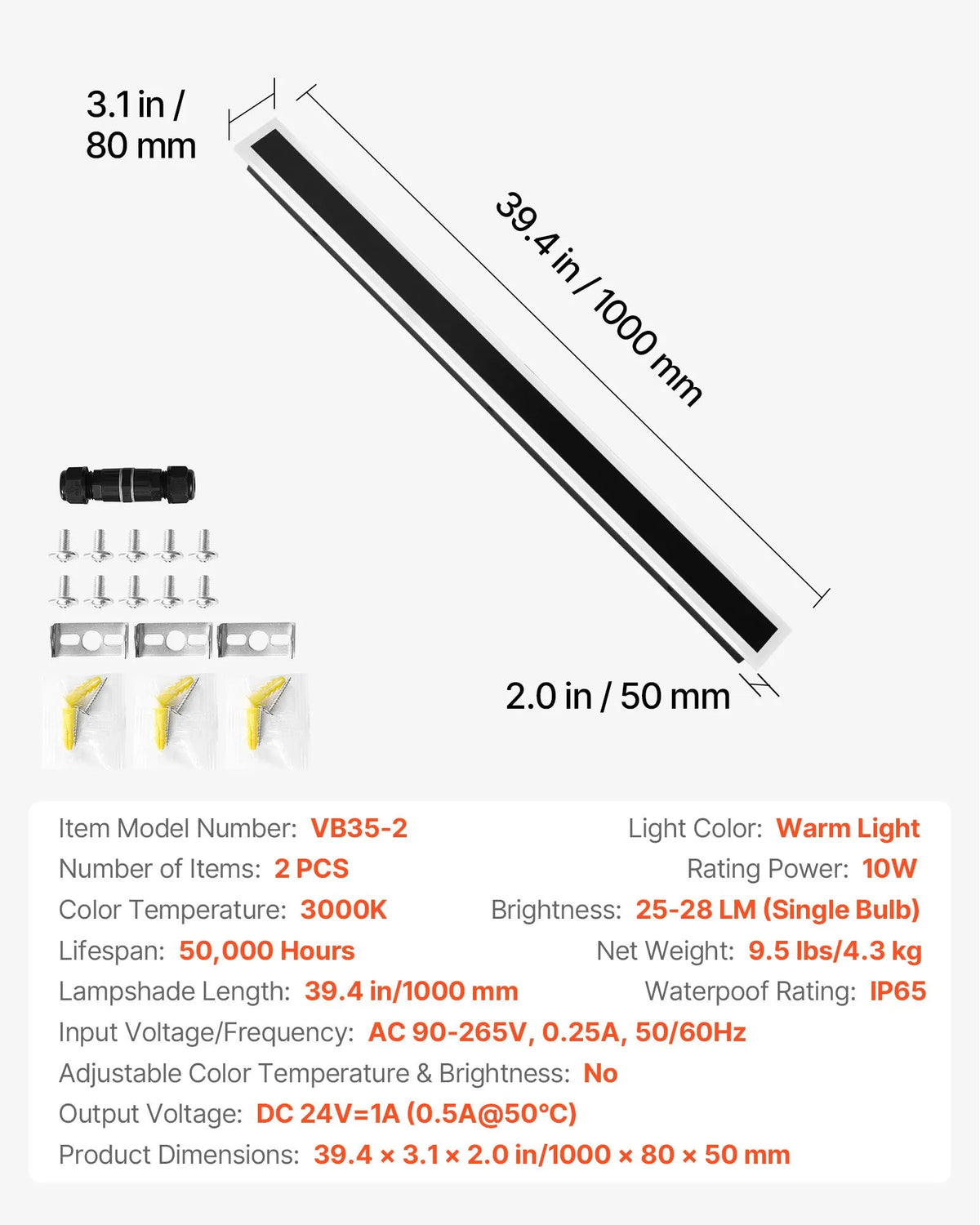 VEVOR Outdoor Wall Lights, 2 Pack, 1000 mm Modern Exterior Wall Light Line, 3000 K Warm White Light, IP65 Waterproof, Rust-Resistant, Outdoor Wall Lighting for Home, Patios and Garages