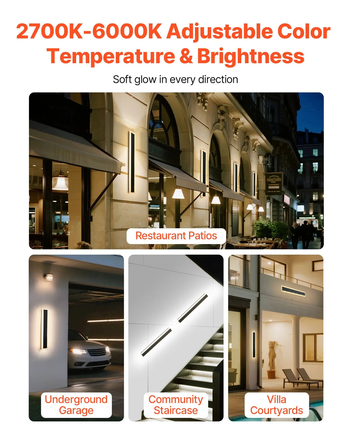 VEVOR Outdoor Wall Lights, 2 Pack, 600 mm Modern Exterior Wall Light Bar, 2700–6000 K, IP65 Waterproof, Rust-Resistant, Dimmable, Outdoor Wall Lighting for Patios and Garages