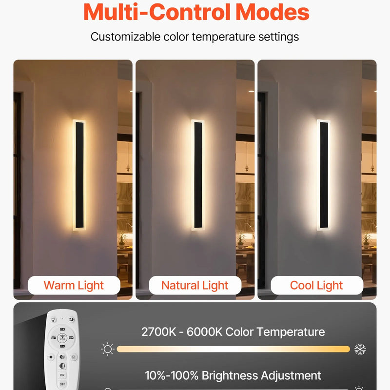 VEVOR āra sienas gaismekļi, 2 gab., 600 mm gara moderna ārējā sienas gaismas līnija, 2700–6000 K, IP65 ūdensizturīgi, pret rūsu aizsargāti, ar regulējamu spilgtumu, āra sienas apgaismojums mājas lieveņiem un garāžām