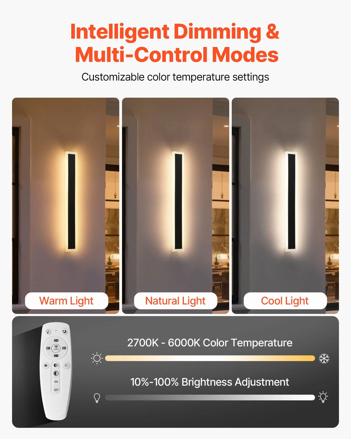 VEVOR Outdoor Wall Lights, 2 Pack, 600 mm Modern Exterior Wall Light Bar, 2700–6000 K, IP65 Waterproof, Rust-Resistant, Dimmable, Outdoor Wall Lighting for Patios and Garages