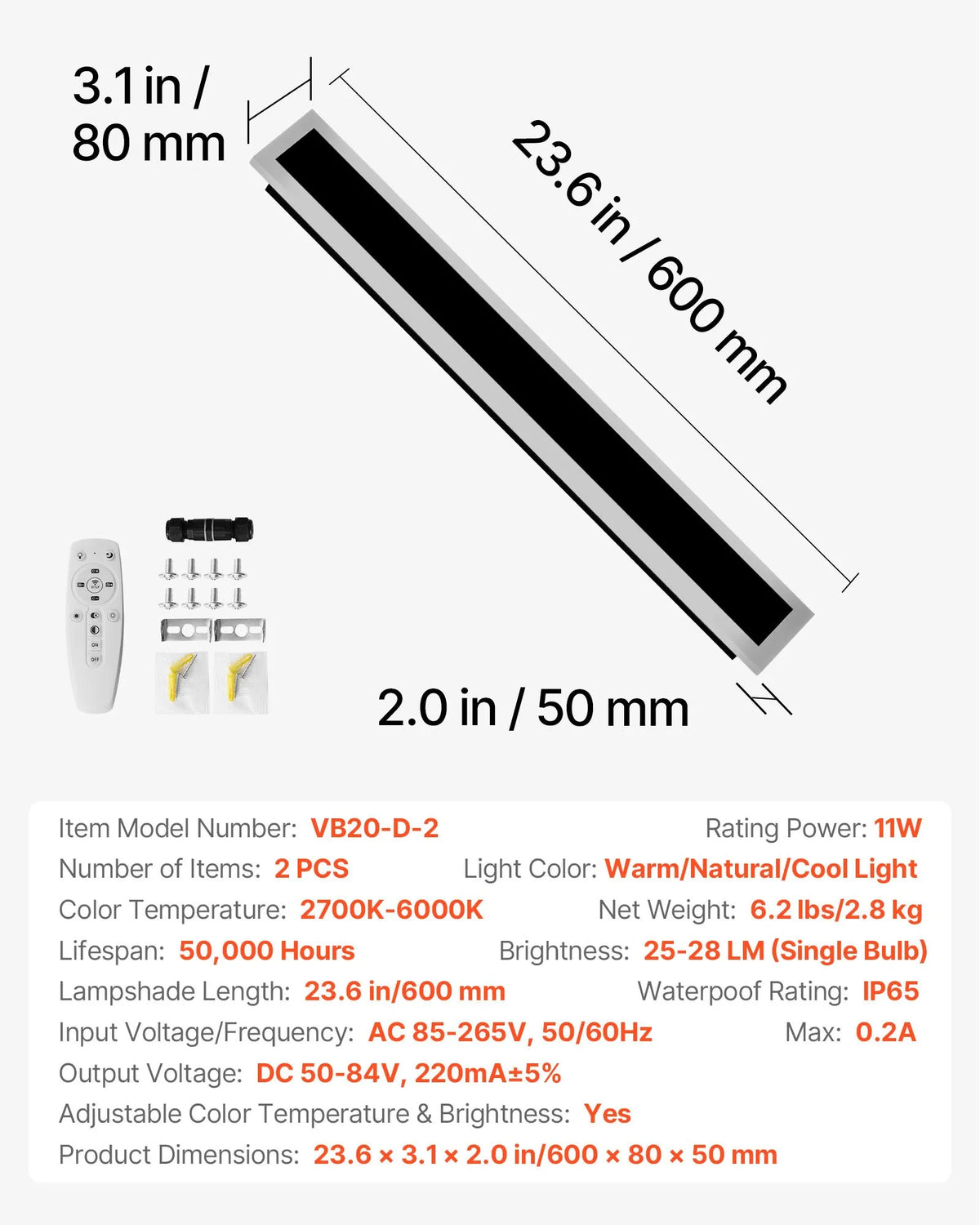 VEVOR Outdoor Wall Lights, 2 Pack, 600 mm Modern Exterior Wall Light Bar, 2700–6000 K, IP65 Waterproof, Rust-Resistant, Dimmable, Outdoor Wall Lighting for Patios and Garages