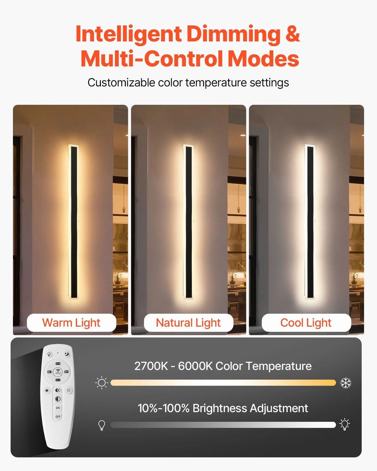 VEVOR Outdoor Wall Lights, 2 Pack, 1000 mm Modern Exterior Wall Light Line, 2700–6000 K, IP65 Waterproof, Rust-Resistant, Dimmable, Outdoor Wall Lighting for Home, Patios and Garages
