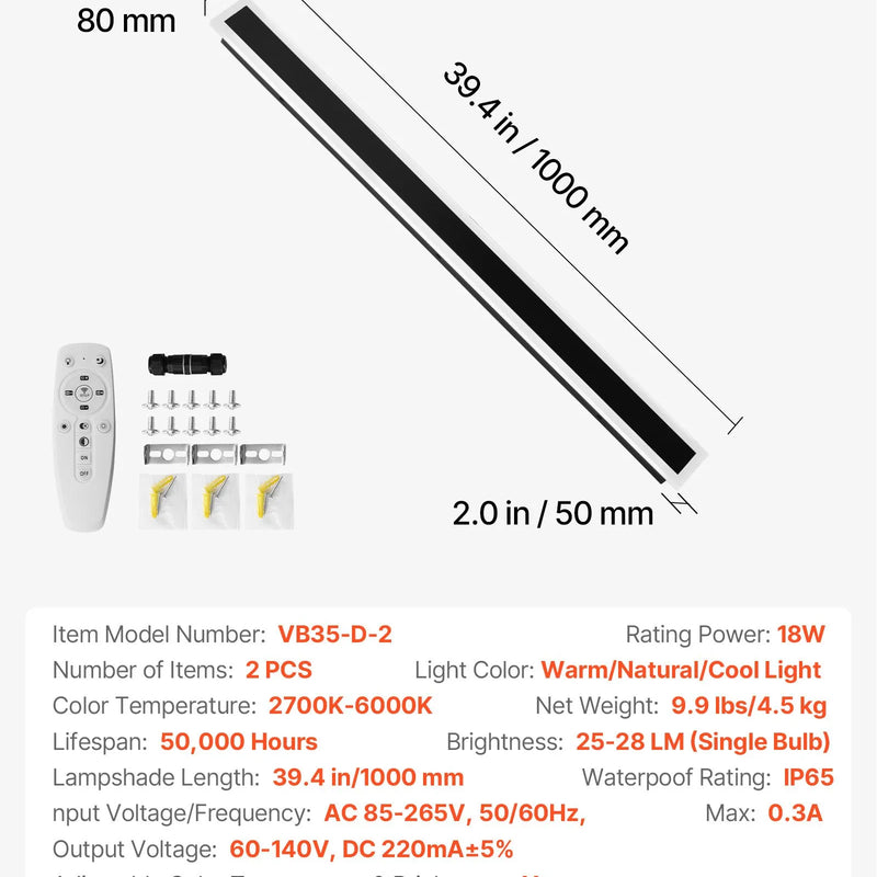VEVOR āra sienas gaismekļi, 2 gab., 1000 mm gara moderna ārējā sienas gaismas līnija, 2700–6000 K, IP65 ūdensizturīgi, pret rūsu aizsargāti, ar regulējamu spilgtumu, āra sienas apgaismojums mājai, lieveņiem un garāžām