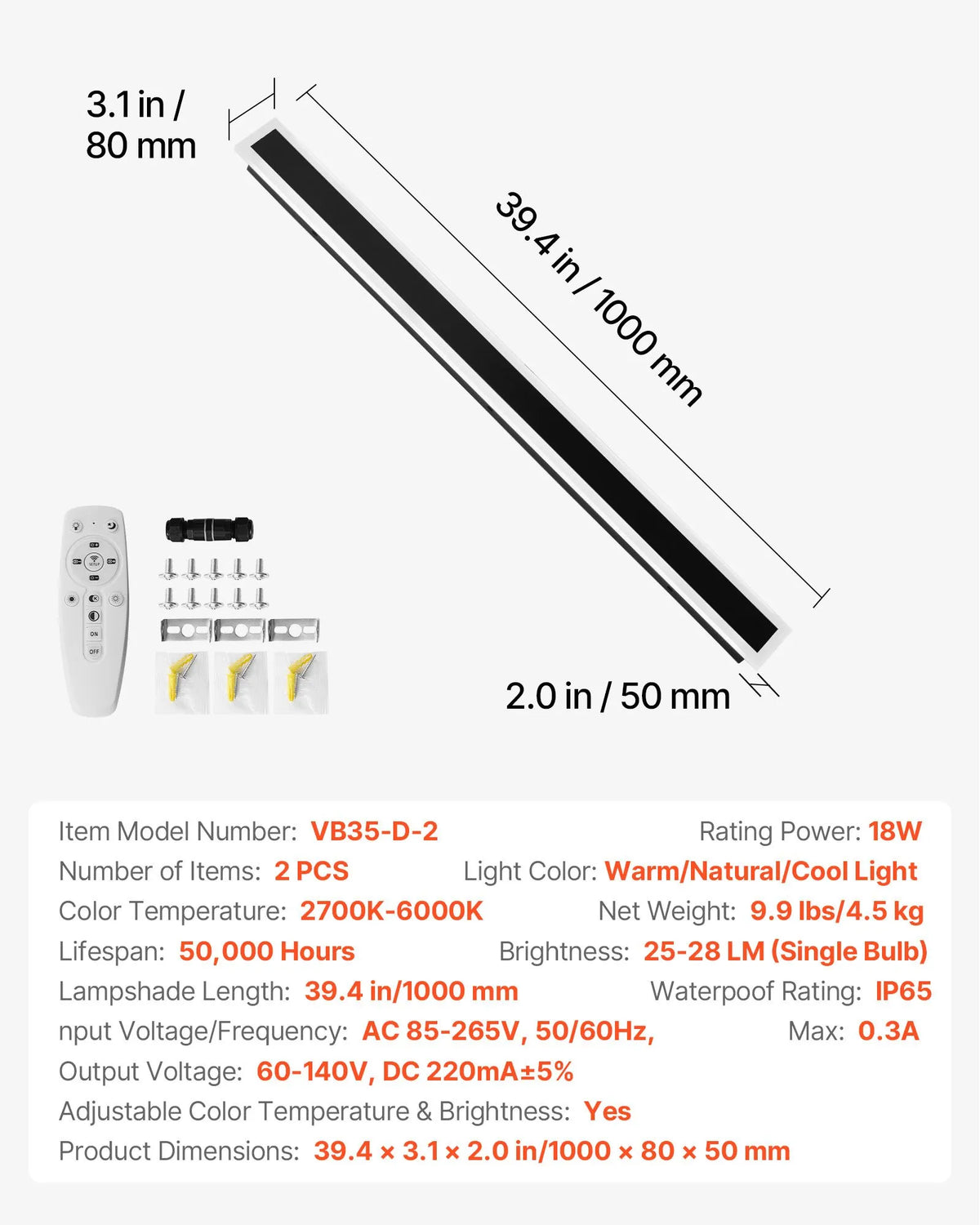 VEVOR Outdoor Wall Lights, 2 Pack, 1000 mm Modern Exterior Wall Light Line, 2700–6000 K, IP65 Waterproof, Rust-Resistant, Dimmable, Outdoor Wall Lighting for Home, Patios and Garages