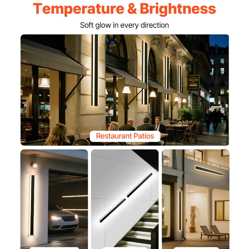 VEVOR āra sienas gaismekļi, 2 gab., 1200 mm gara moderna ārējā sienas lampu līnija, 2700–6000 K, IP65 ūdensizturība, pret rūsu aizsargāti, ar regulējamu spilgtumu, āra sienas apgaismojums mājas lieveņiem un garāžām