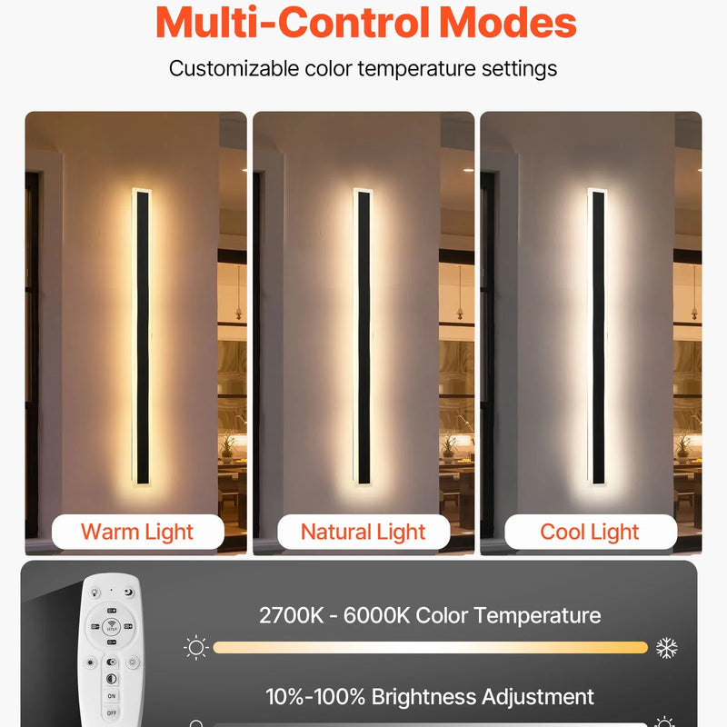 VEVOR āra sienas gaismekļi, 2 gab., 1200 mm gara moderna ārējā sienas lampu līnija, 2700–6000 K, IP65 ūdensizturība, pret rūsu aizsargāti, ar regulējamu spilgtumu, āra sienas apgaismojums mājas lieveņiem un garāžām