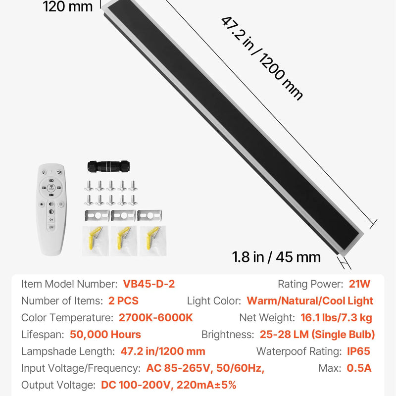 VEVOR āra sienas gaismekļi, 2 gab., 1200 mm gara moderna ārējā sienas lampu līnija, 2700–6000 K, IP65 ūdensizturība, pret rūsu aizsargāti, ar regulējamu spilgtumu, āra sienas apgaismojums mājas lieveņiem un garāžām