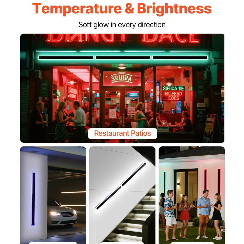 VEVOR āra sienas gaismekļi, 2 gab., 1000 mm gara moderna ārējā sienas RGB gaismas līnija, 2700–6000 K, IP65 ūdensizturīgi, pret rūsu aizsargāti, ar regulējamu spilgtumu, āra sienas apgaismojums mājai, lieveņiem un garāžām